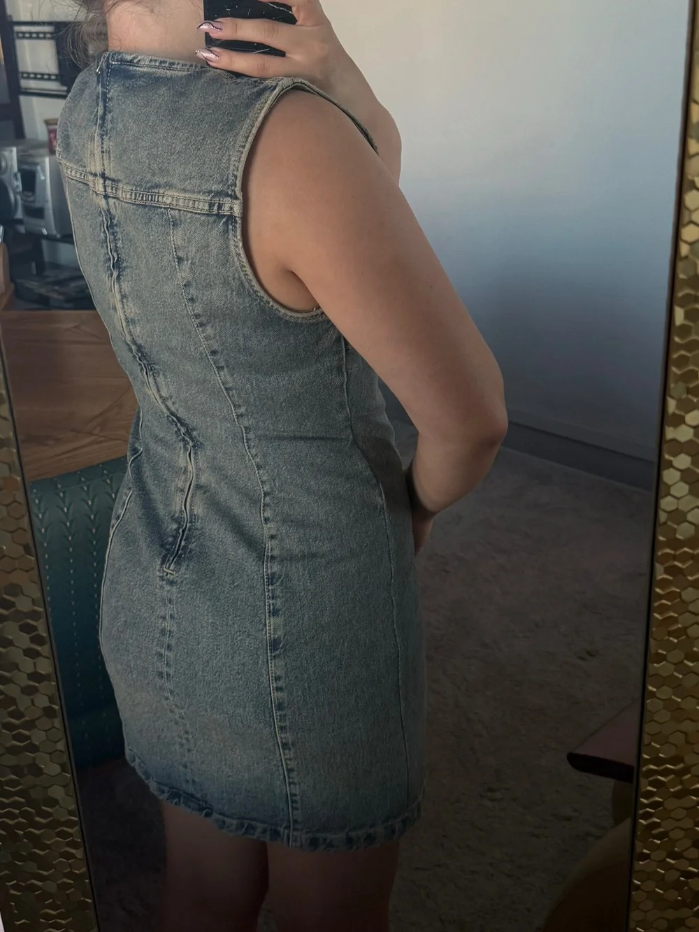 Zara Sleeveless Denim Shift Dress in Washed dark blue Denim - Picture 3 of 8